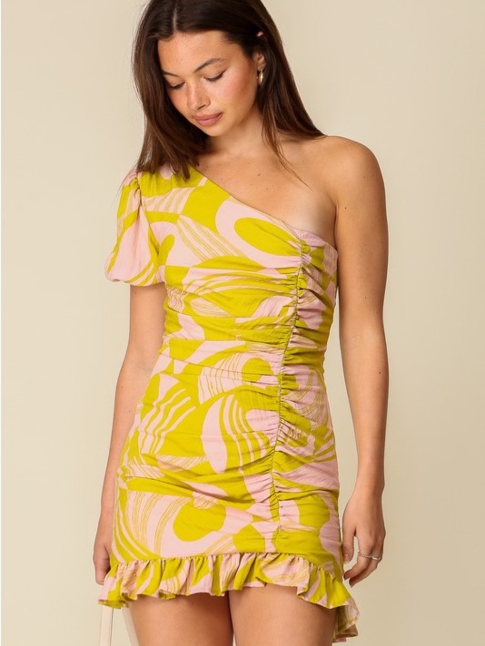 Lumiere One-Shoulder Lime & Pink Ruched Mini Dress